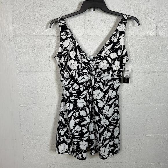 Island Escape Women's Magnolia Twist-Front Swimdress, Island Bloom Black, 16 - Picture 1 of 13